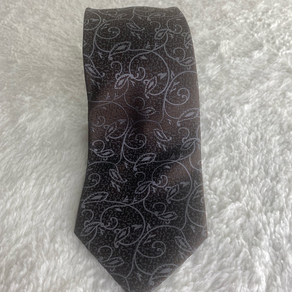 100% Silk Tie Mens Sean Jean Brown Blue Vines Lime New - Picture 5 of 5